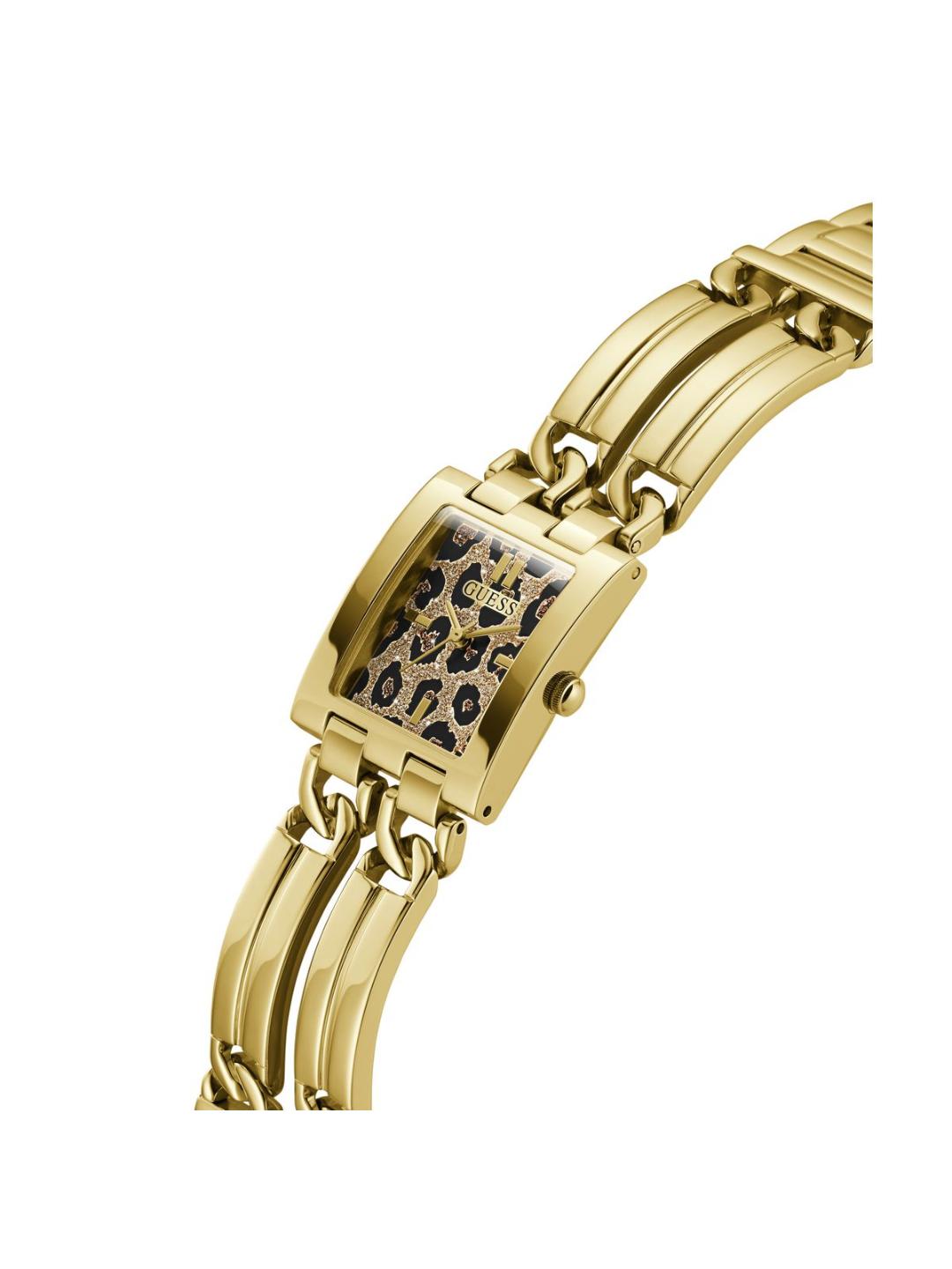 Gold watch with a leopard print face on a white background