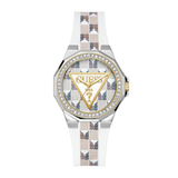 Guess watch with patterned strap on a white background
