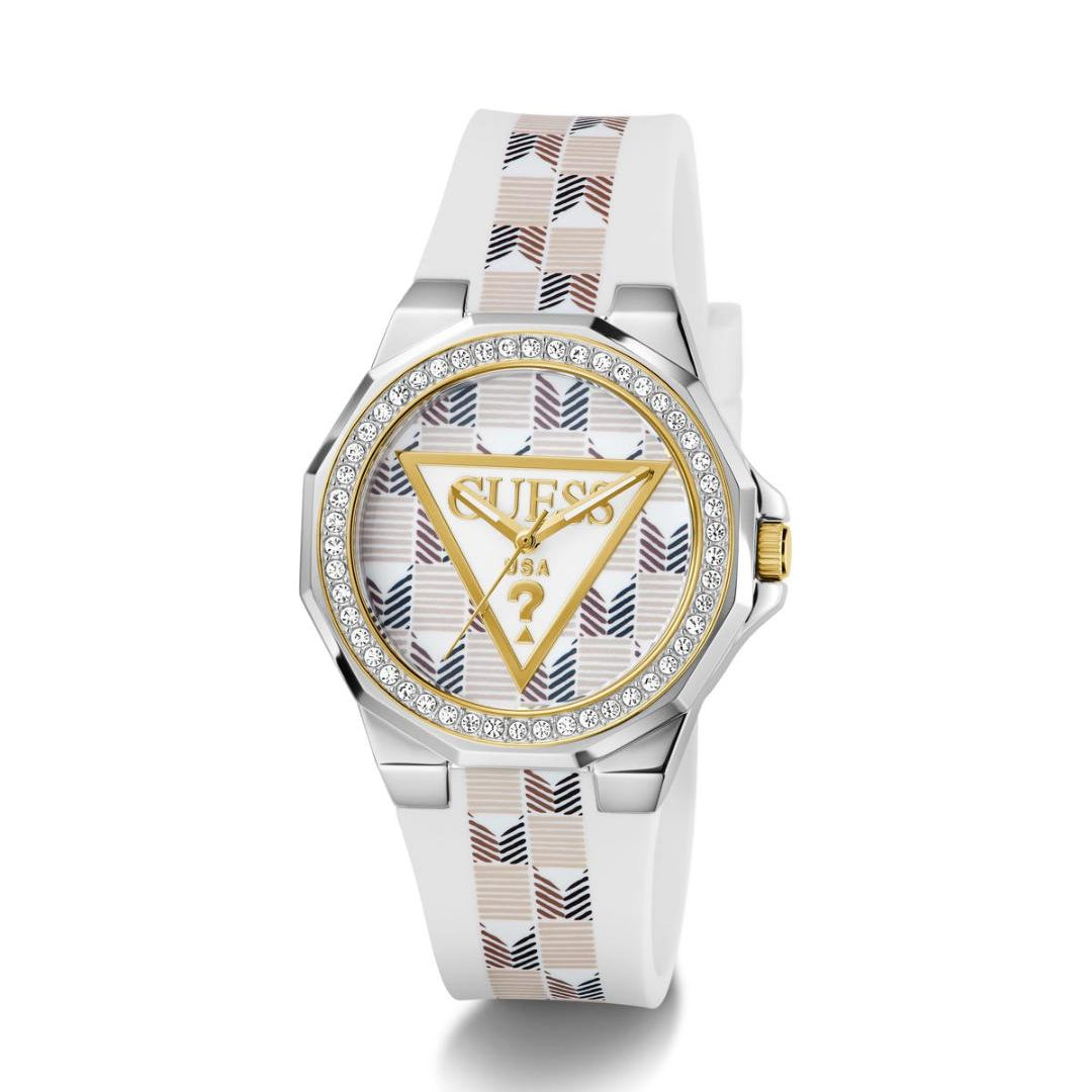 Guess watch with a patterned strap on a white background