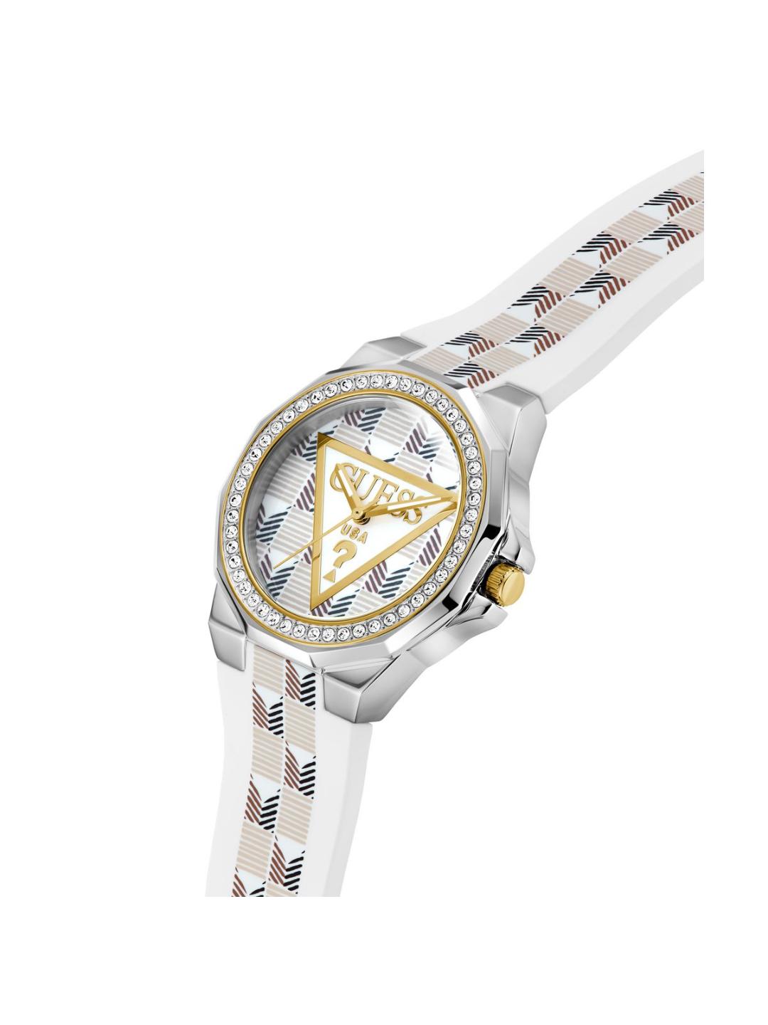 Watch with a white strap and gold accents on a white background