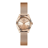 Rose gold watch with mesh band on a white background