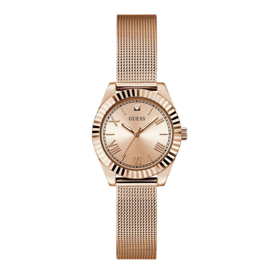 Rose gold watch with mesh band on a white background