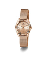Rose gold watch with mesh band on a white background