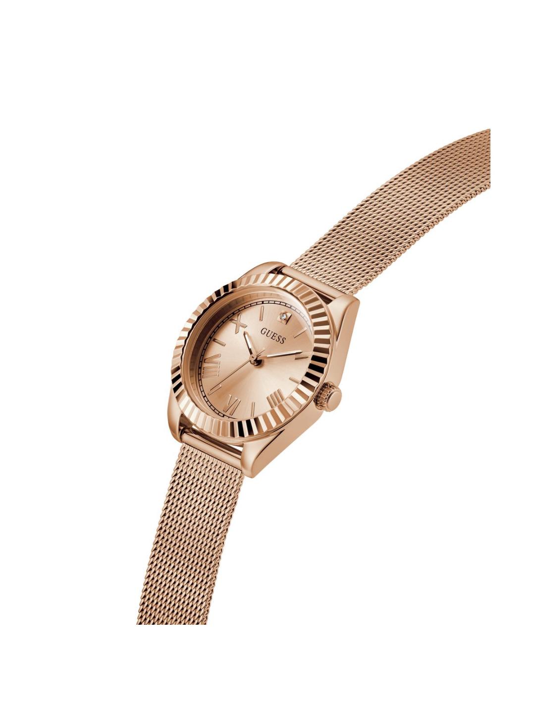 Rose gold watch with mesh band on a white background