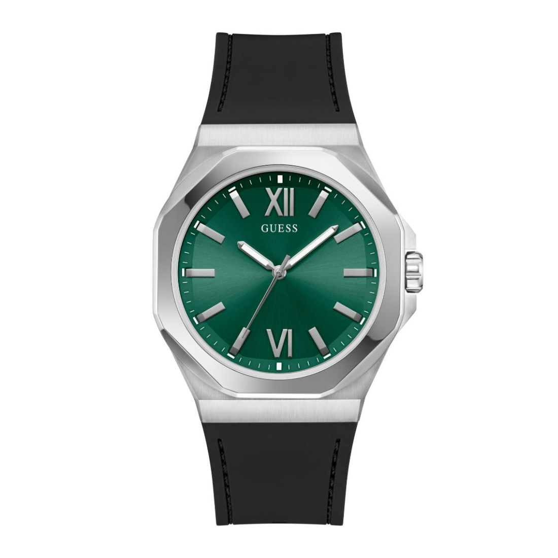 A Guess wristwatch with a silver-tone octagonal case, a green dial with Roman numeral hour markers, and a black strap, shown against a plain white background.
