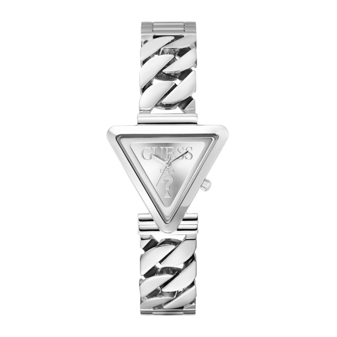 Silver watch with a triangle design on a white background
