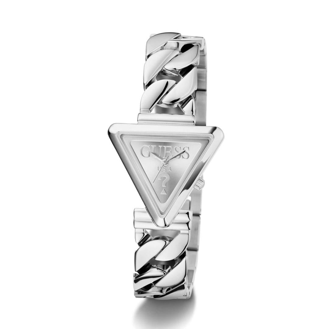 Silver pendant with a geometric design on a white background