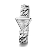 Silver pendant with a geometric design on a white background