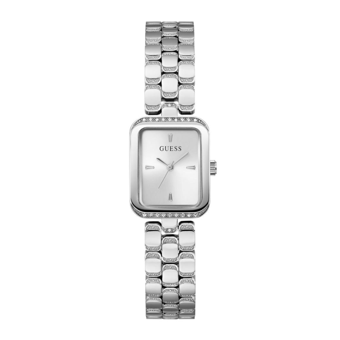 Silver watch with a visible brand logo on a white background