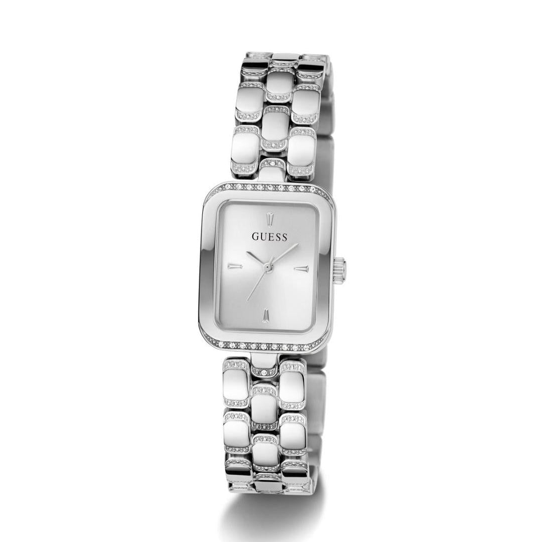 Silver watch with a rectangular face on a white background