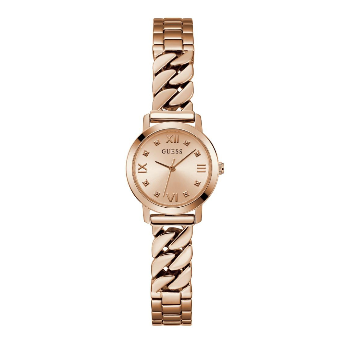 A rose gold Guess wrist watch with a matching metal link bracelet, featuring a round dial with Roman numerals and a clean white background.