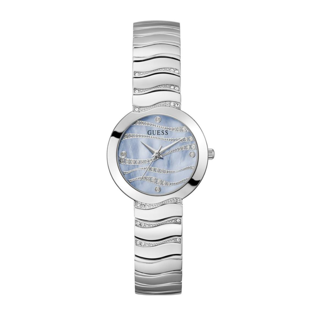 Silver watch with a patterned strap on a white background