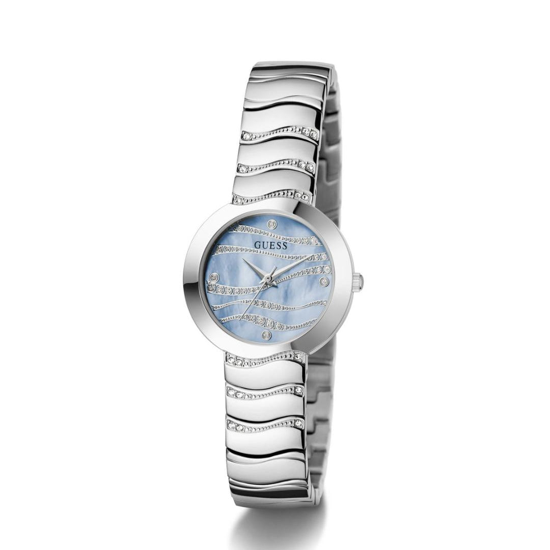 Silver watch with a blue face on a white background