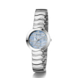 Silver watch with a blue face on a white background