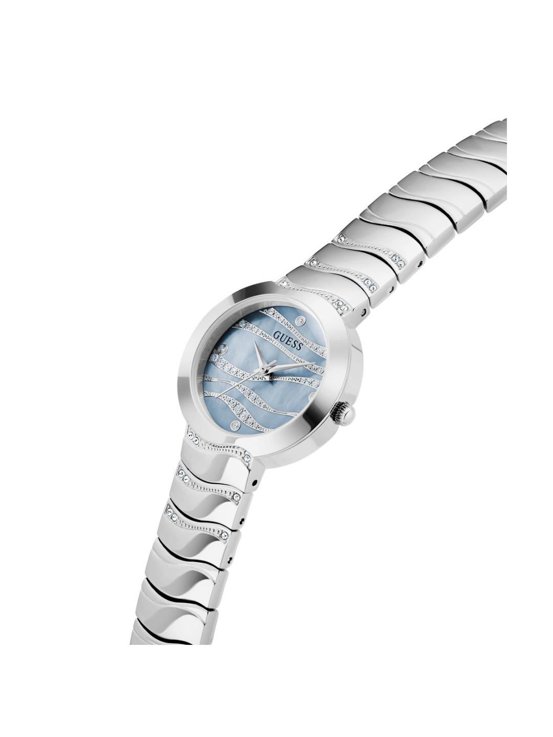 Silver watch with a light blue face on a white background