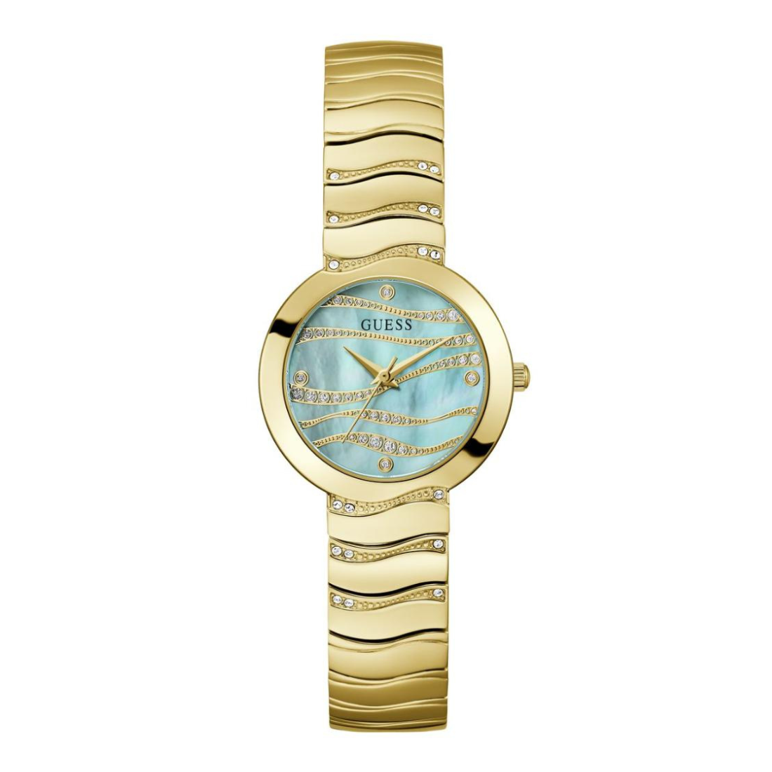 Gold wristwatch with a blue face on a white background