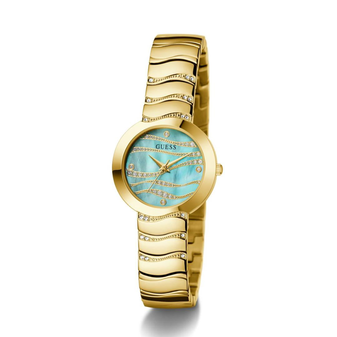 Gold watch with a turquoise face on a white background