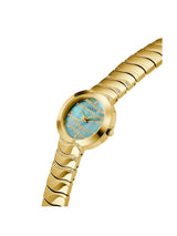 Gold wristwatch with a blue face on a white background