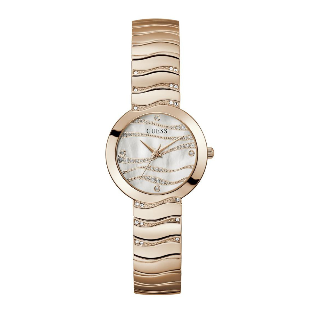 Gold watch with a decorative band on a white background