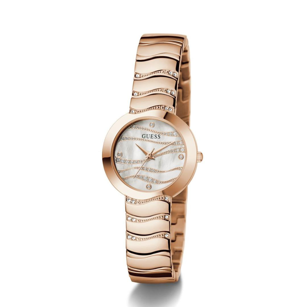 Rose gold watch with a white face on a white background