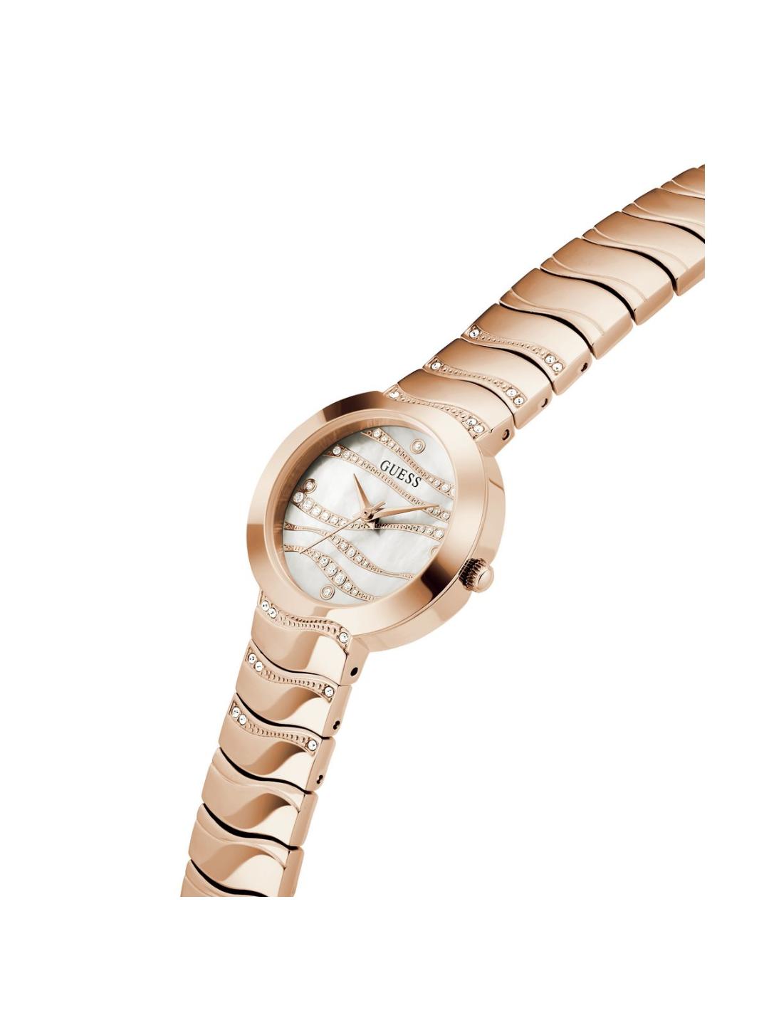 Rose gold watch with a white face on a white background