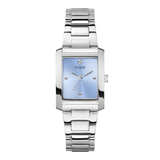 Silver watch with a blue face on a white background