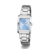 Silver watch with a blue face on a white background