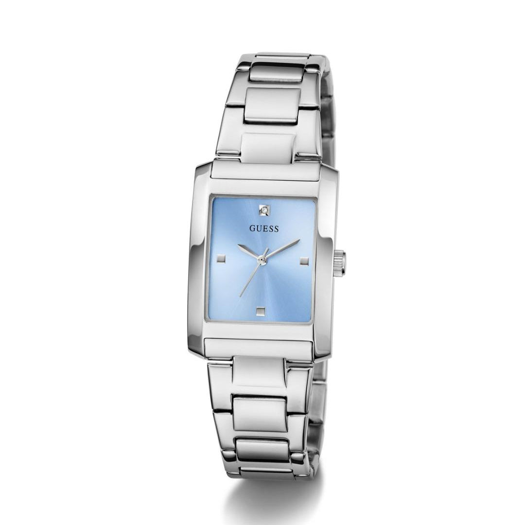 Silver watch with a blue face on a white background