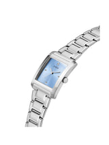 Silver watch with a blue face on a white background