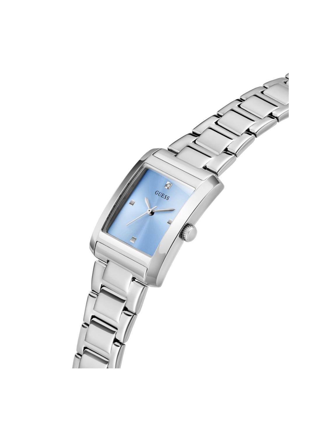 Silver watch with a blue face on a white background