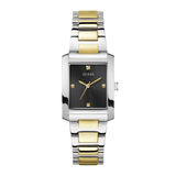 Two-tone silver and gold watch with black face on a white background