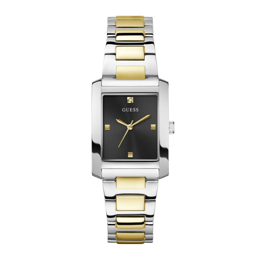 Two-tone silver and gold watch with black face on a white background