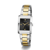 Two-tone silver and gold watch with black face on a white background