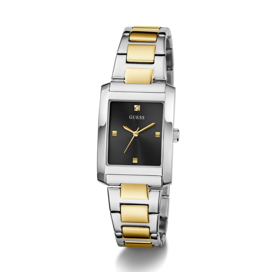 Two-tone silver and gold watch with black face on a white background