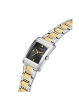Two-tone watch with gold and silver band on a white background