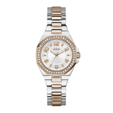 Two-tone watch with silver and rose gold band on a white background