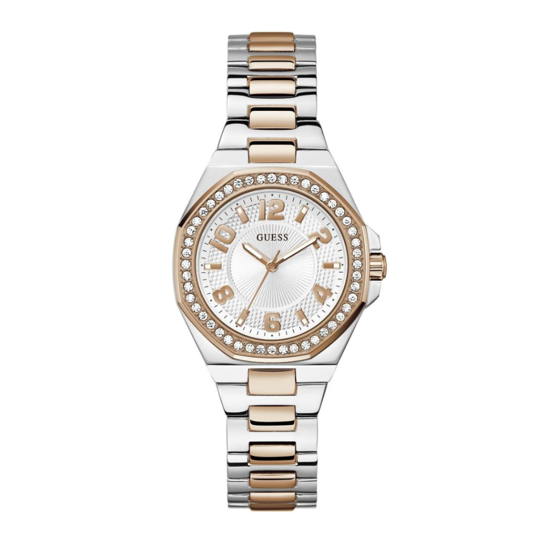 Two-tone watch with silver and rose gold band on a white background