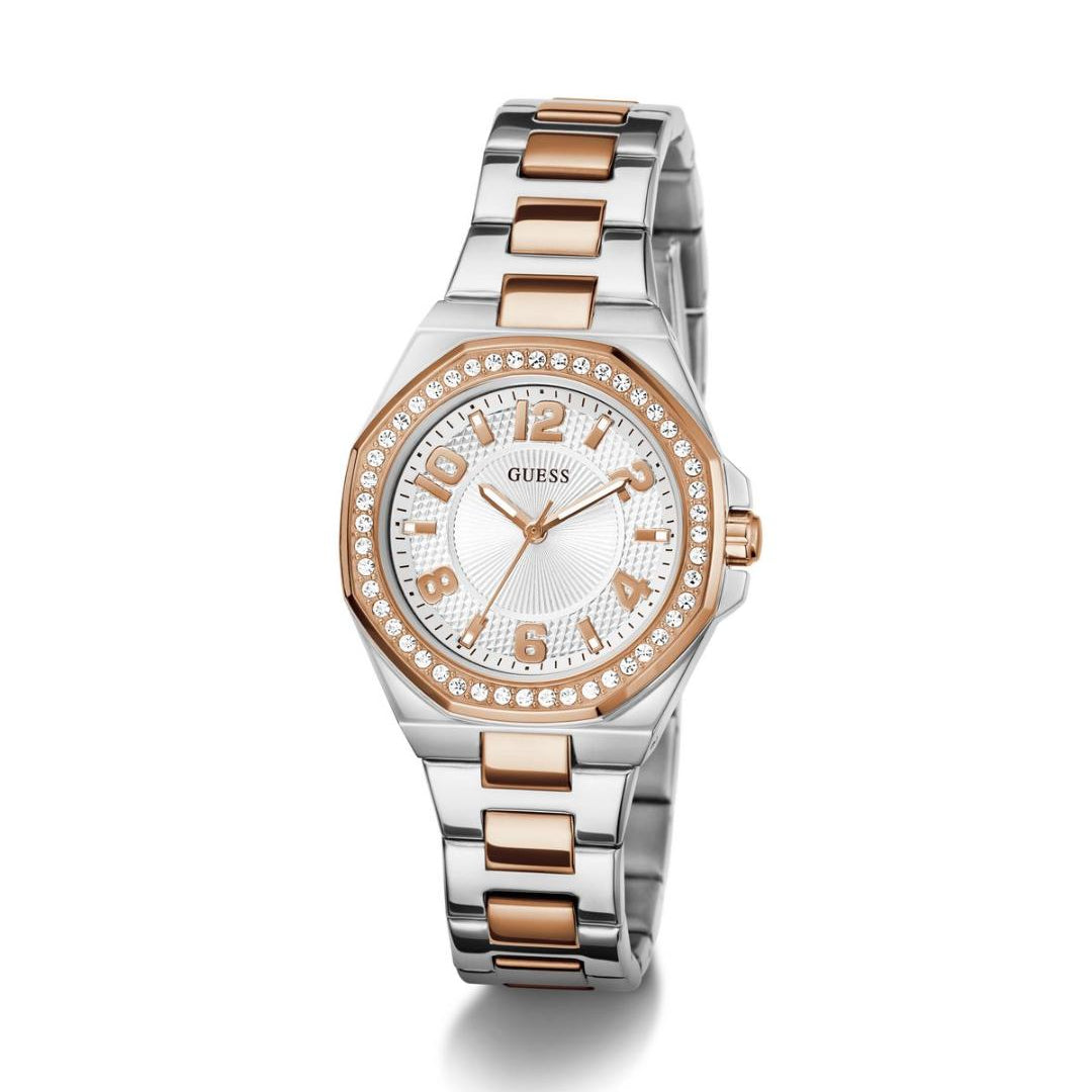 Two-tone watch with rose gold and silver band on a white background