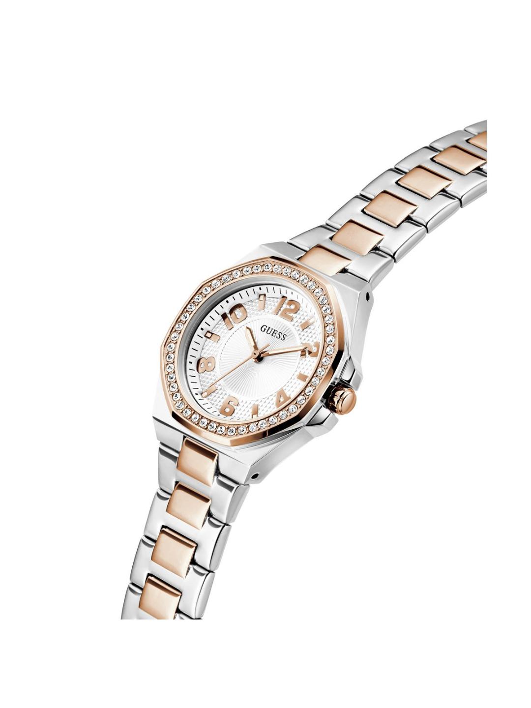 Two-tone watch with rose gold and silver band on a white background