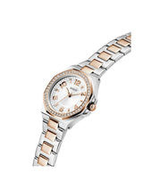 Two-tone watch with rose gold and silver band on a white background