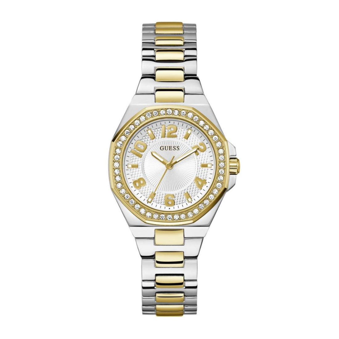 Two-tone silver and gold watch with a white face on a white background
