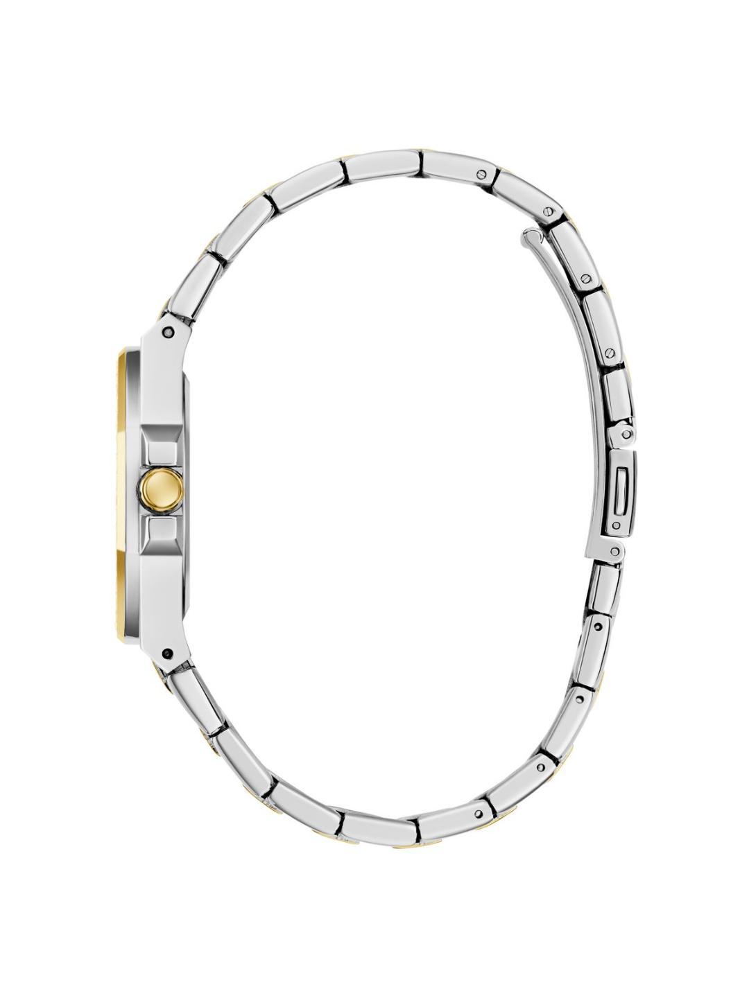 Close-up of a silver watch band with gold accents on a white background