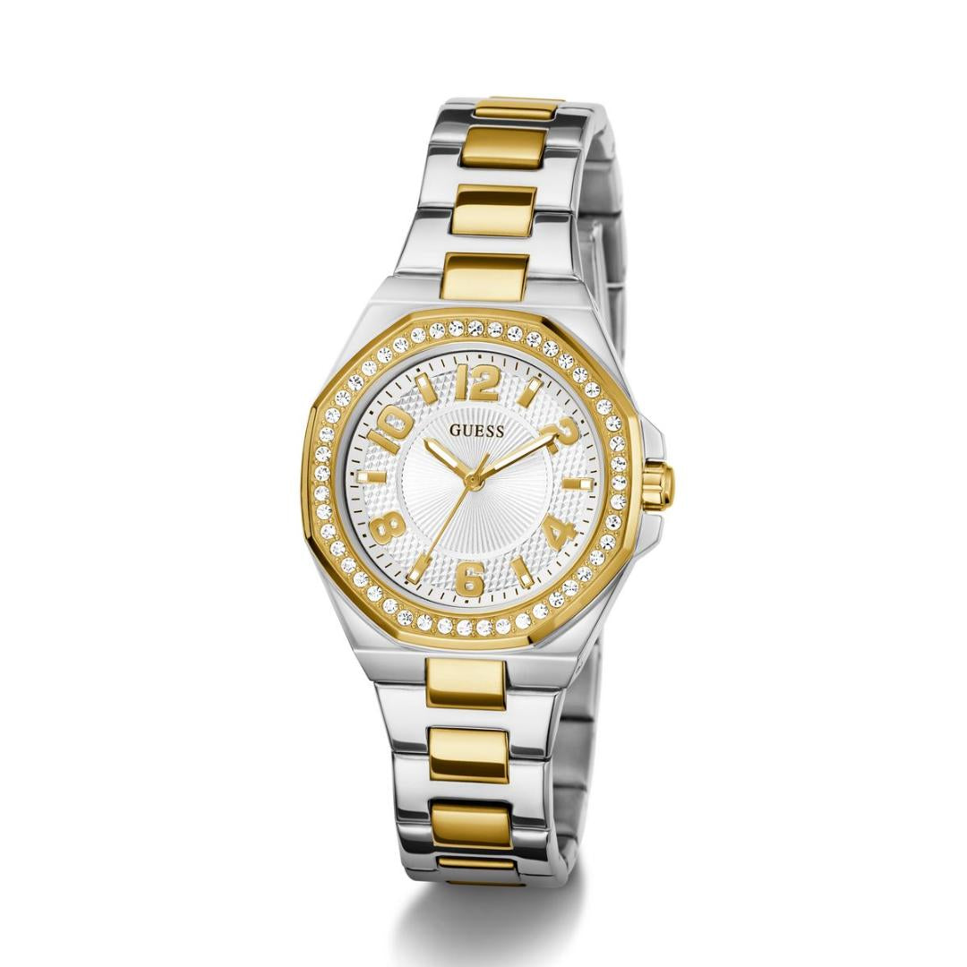 Two-tone watch with gold and silver band on a white background