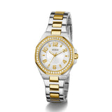 Two-tone watch with gold and silver band on a white background