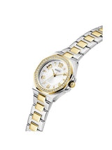 Two-tone watch with gold and silver band on a white background