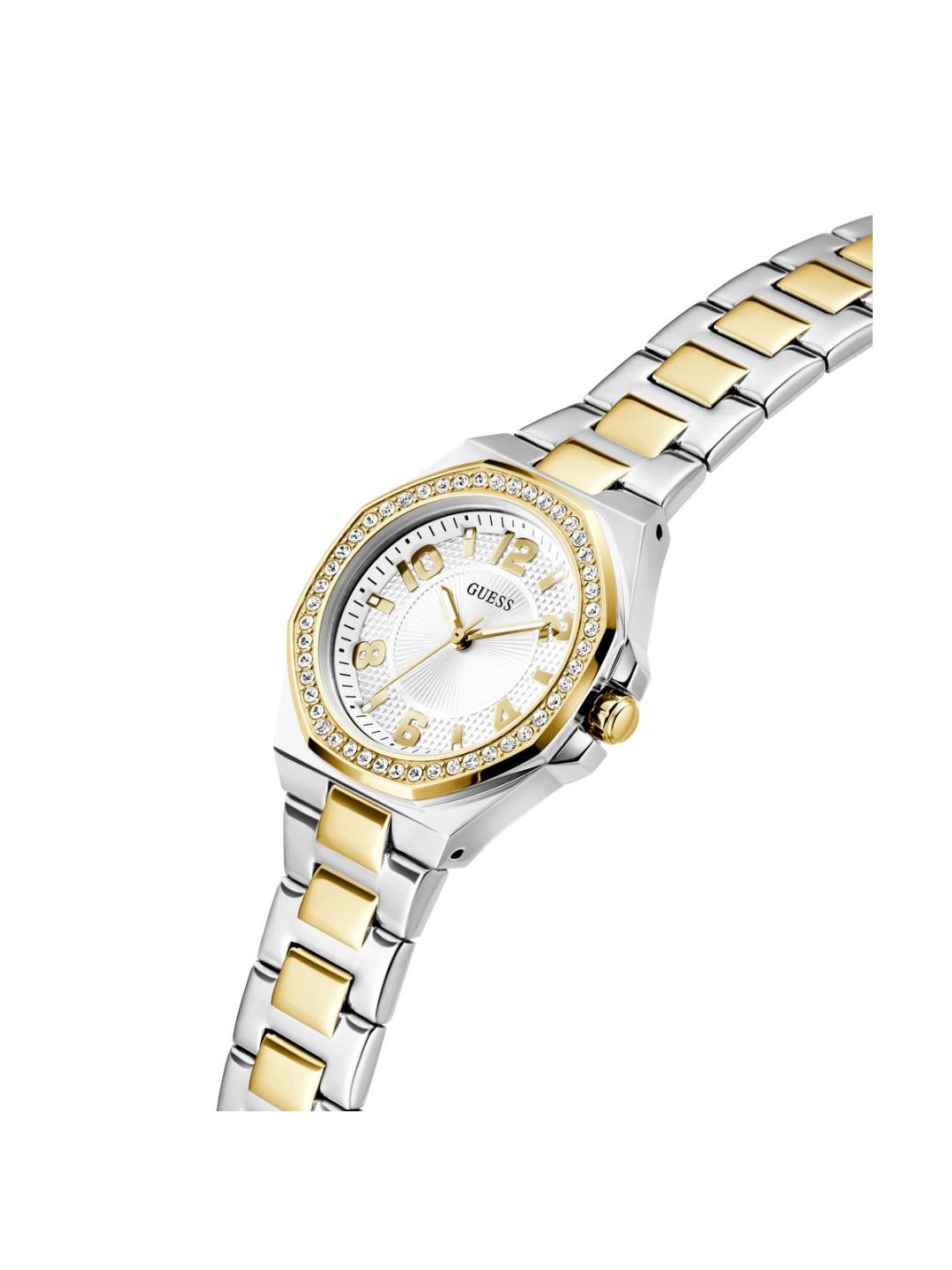 Two-tone watch with gold and silver band on a white background
