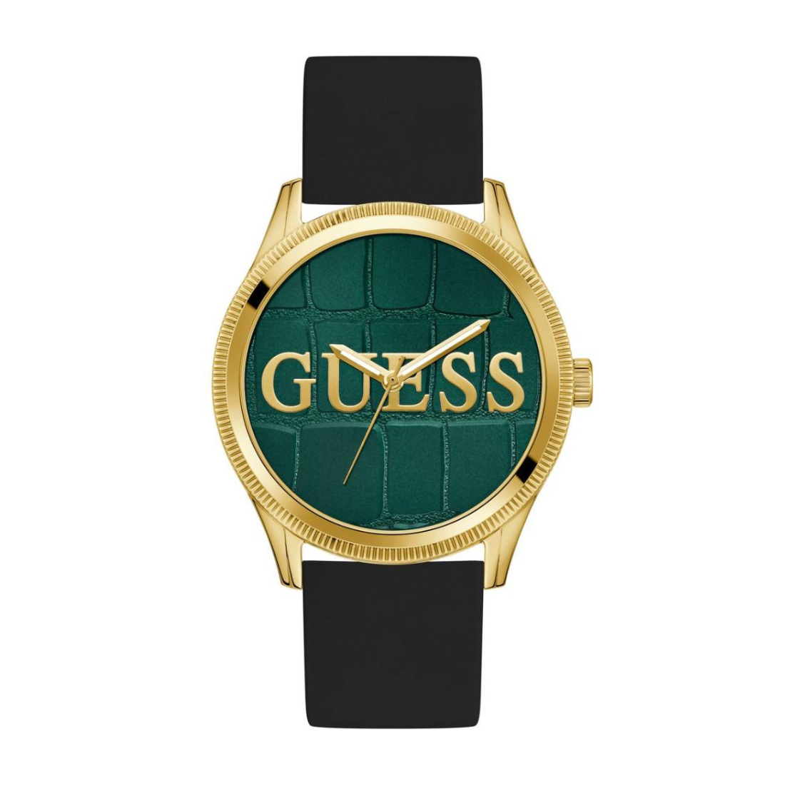 Gold-framed watch with green face and black strap on white background