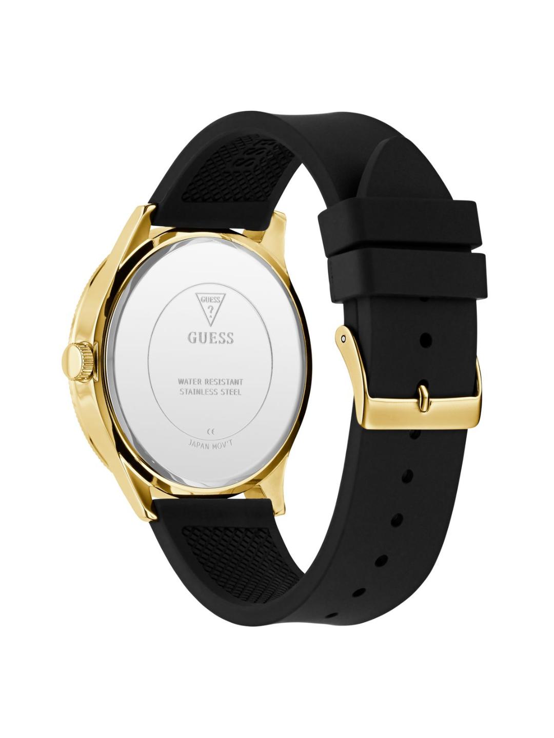 Black and gold watch with a visible brand logo on a white background