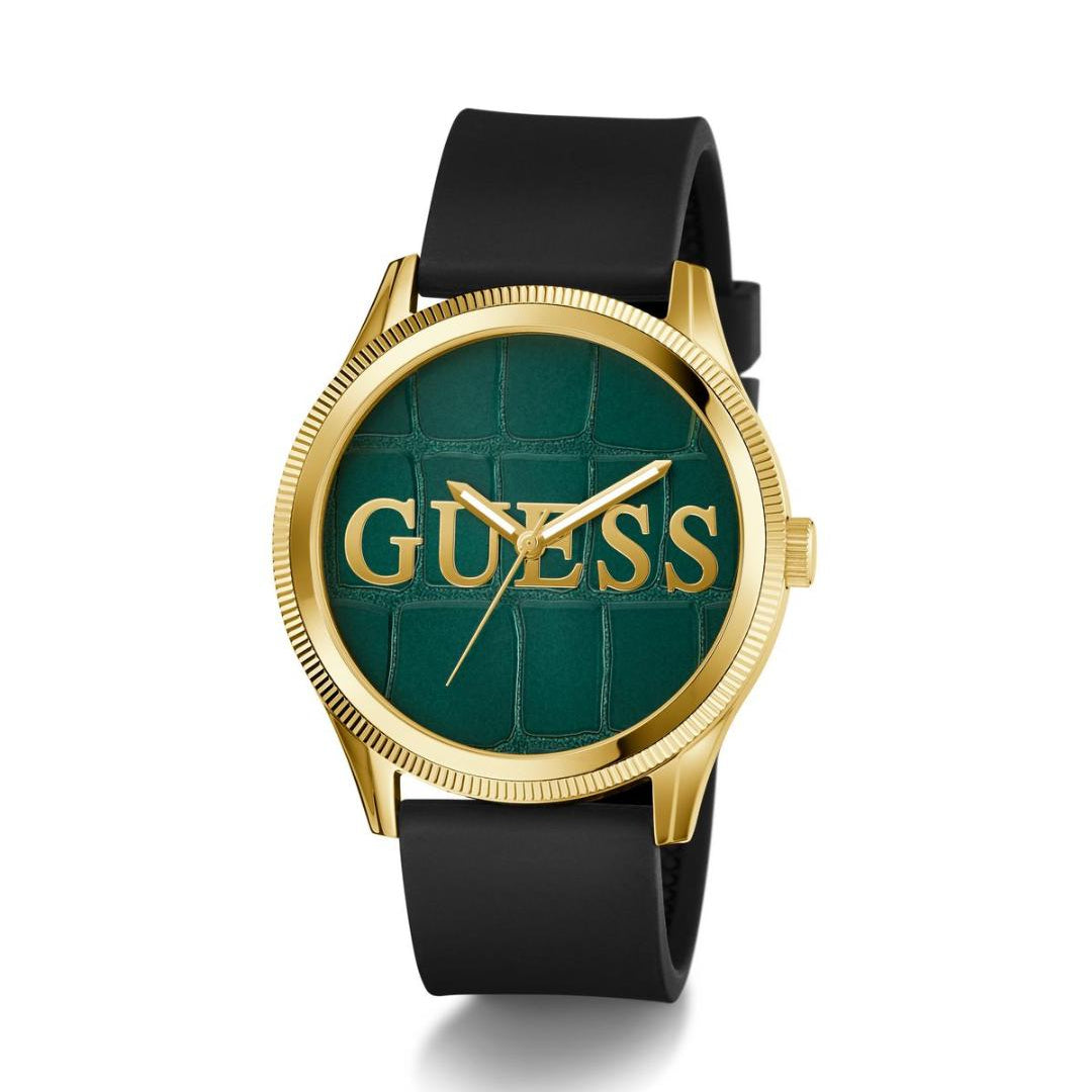 Guess watch with green face and black strap on a white background