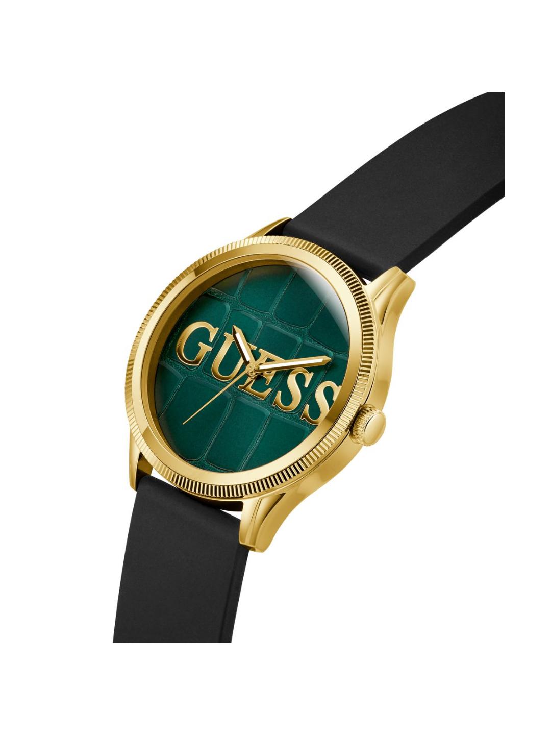 Gold Guess watch with black strap on a white background